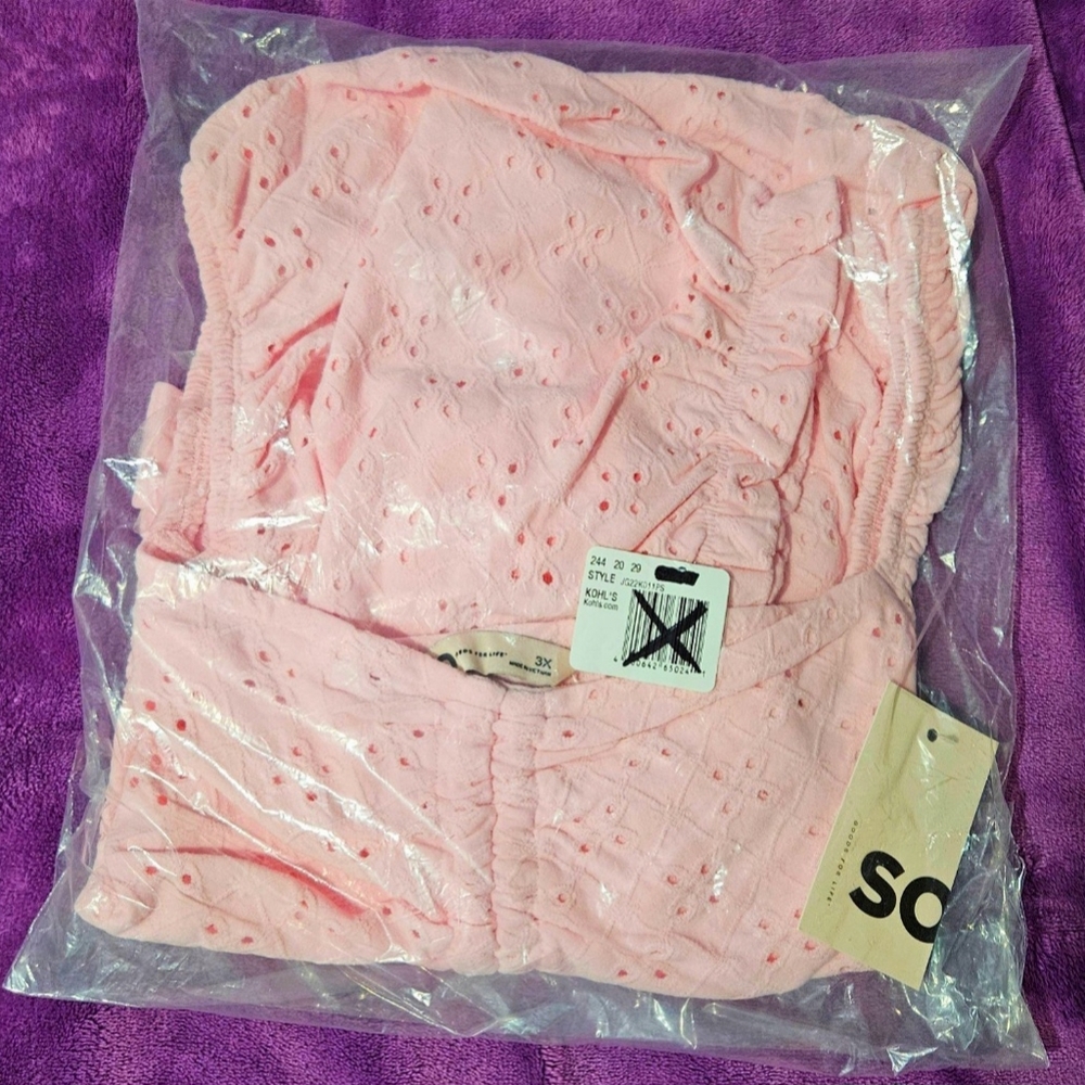 Plus Size Eyelet Crop Top Puff Sleeve Cinched Front Cute Comfy PINK 3X NWT